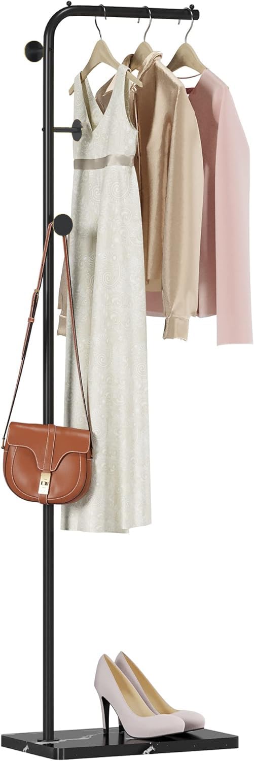 Hcosmy Luxury Gold Coat Racks with Marble Heavy Base, Modern Metal Coat Tree with Crossbar and 3 Hooks,Entryway Coats Racks Freestanding, L Shape Home Coat Hanger for Clothes,Jackets, Hats (Black)