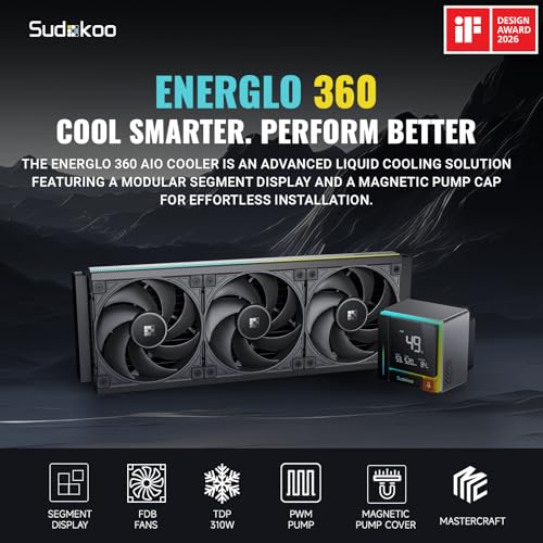 Image of ENERGLO 360 Liquid Cooler: 360mm AIO CPU Cooler with Data Display & PWM Pump - 3 x 120mm Black Water Cooling for Intel LGA 1851 /1700 /1200 /115X & AMD AM5 /AM4