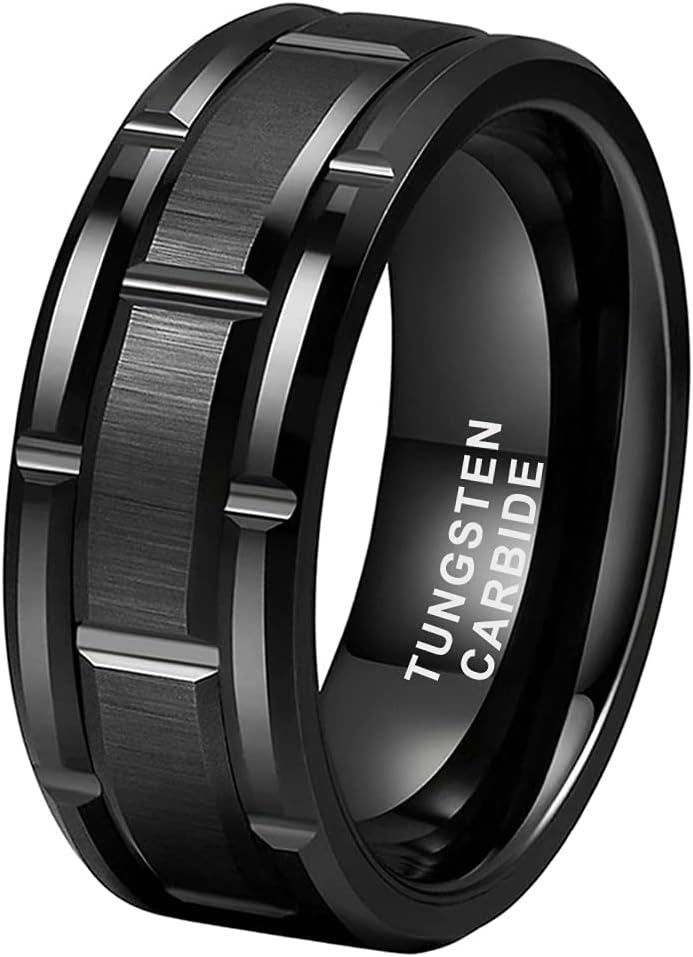 8mm Silver/Black/Gold Tungsten Rings for Men Women Promise Engagement Wedding Band Brick Pattern Brushed Center Comfort Fit