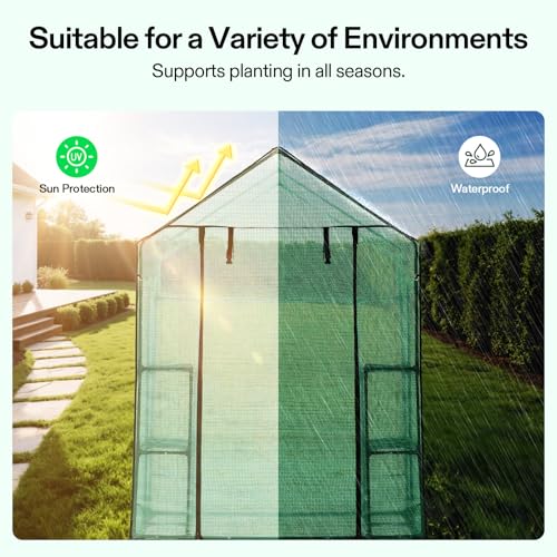 Image of VIVOSUN 57x57x77 Inch Mini Walk in Green House with Window and Anchor, Plant Garden Hot House 2 Tiers 8 Shelves, 4.7 x 4.7 x 6.4 FT