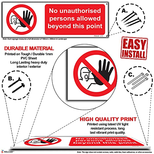RDLCAR No Unauthorised Person Beyond This Point Sign Rigid PVC Pack of 5 Safety Warning Sign Off Limits Easy Installation 100mm x 300mm - Image 3