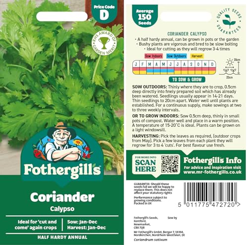 Fothergills Coriander Calypso Vegetable Seeds 150 Seeds Sow: Jan-Dec Green