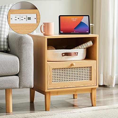Gtolv Rattan Nightstand With Charging Station, Boho End Table With Handmade Rattan Decorated Drawer And Bamboo Legs For Bedroom, Living Room #TOP3