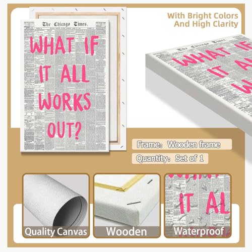 Image of What If It All Works Out Poster Retro Newspaper Pink Font Canvas Wall Art Positive Affirming Quote Minimalist Prints Painting For Home Bedroom Dorm Wall Decor 24x36in Wframed