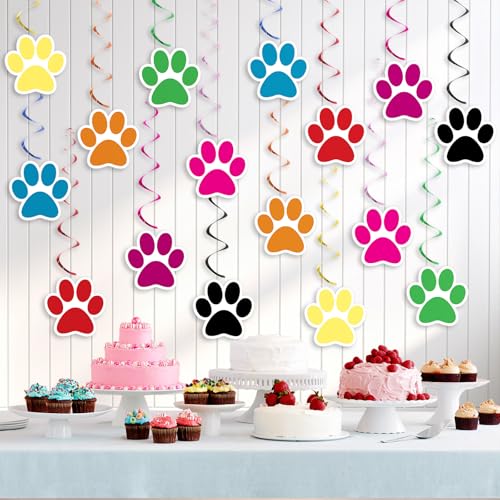 Image of Weecent 24 Pcs Dog Paw Prints Themed Party Hanging Swirl 8 Colors Puppy Birthday Decorations Banners Paw Prints Ceiling Streamers for Pets Birthday Party Favors Supplies