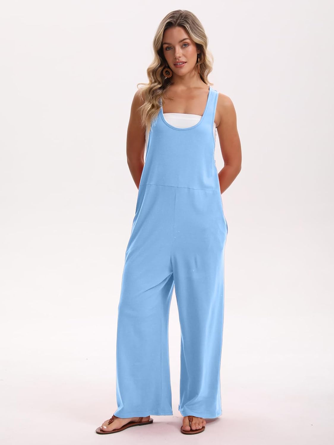 Nfsion Women's Casual Racerback Jumpsuit One Piece Romper Loose Overalls for Women with Pockets Summer Travel Outfits