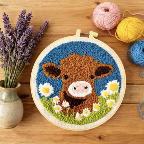 Image of DIY Punch Needle Kits Highland Cow with Daisy Flower with Hoop 20x20cm-1 | with Pattern Stamped Easy for Beginners Embroidery Punch Needle Starter Craft Set for Adults Festival Gift and Decoration