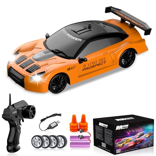YUAN PLAN RC Drift Car 1/24 2.4GHz Remote Control Car 4WD High Speed Drifting RC Cars with LED Light, Two Batteries and Drift Tires Racing Toy Cars for Boys Girls Kids Adults (Orange)