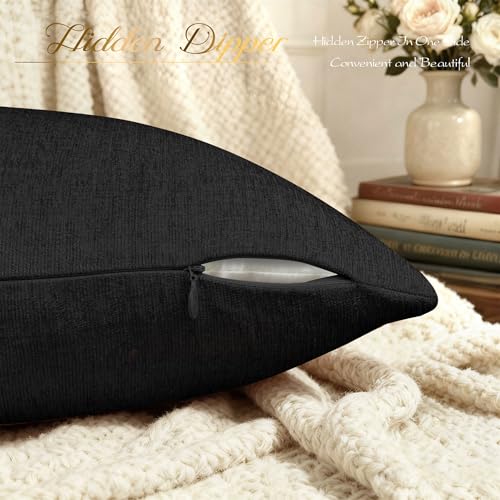 Image of BRAWARM Pack of 2 Throw Pillow Covers Cases for Couch Sofa Home Decoration Solid Dyed Striped Soft Chenille 20 X 20 Inches Black