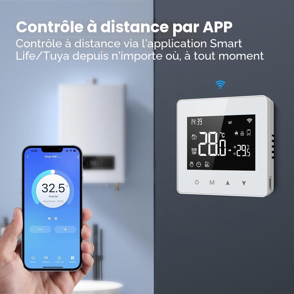 Thermostat Connecté WiFi,Thermostat Chaudiere Gaz a Pile Ou USB,Chaudière Gaz,Compatible avec Alexa et Google Home,Voix et Télécommande,Thermostats D'ambiance Programmable (Blanc)