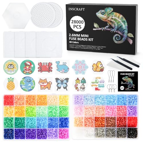 INSCRAFT Perles à Repasser 28000 Pièces 2,6mm, 48 Couleurs Perles à Fusion avec Motifs Planches Papiers à Repasser Pincettes, Perle Artisanal Jeu Créatif Jouet Activité Mannuelle Enfant