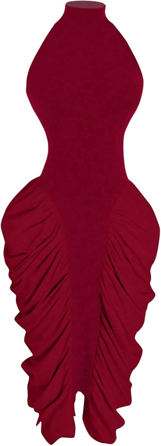 GORGLITTER Women's Ruched Color Block Halter Midi Dress Elegant Classy Backless Summer Teacher Vegas Cocktail Sundress