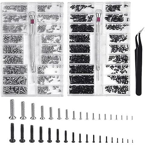 WETARENDA 2 Boxes Micro Screws Set, 18 Sizes Micro Repair Screw Electronic Self-Tapping Screws Assortment Kit Tiny Carbon Steel Screws with Screwdrivers and Tweezers for Spectacles Laptop Watch Cover