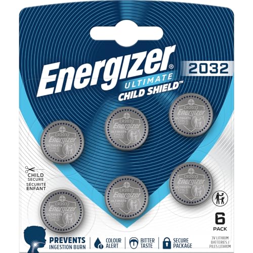 Energizer Ultimate Child Shield CR2032 (Pack de 6) – Pilas de Botón 3V – Primera Batería del Mundo con Protección contra Quemaduras por Ingestión – Seguridad 4 en 1 y Tecnología Colour Alert