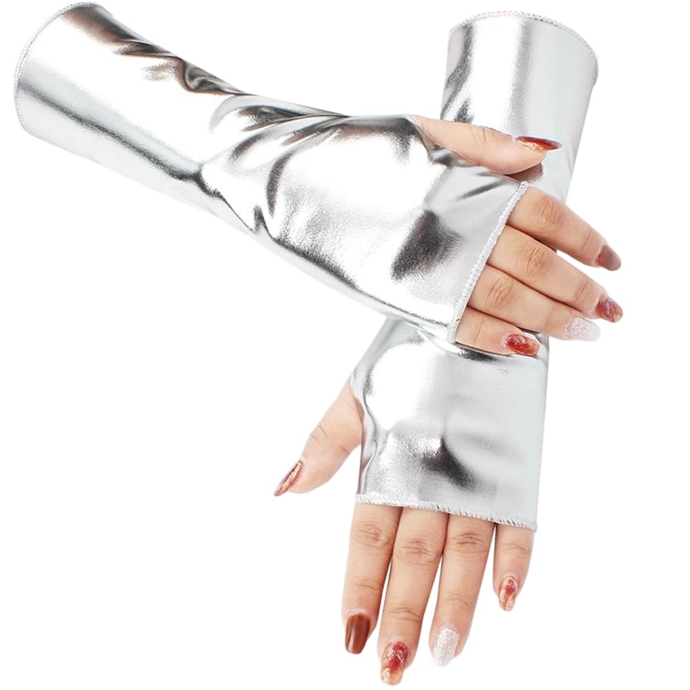 CALFOVERA Silver Shiny Metallic Fingerless Mittens Half Palm PU Leather Gloves Short Gothic Punk Rock Stage Stretchy Dress Up Arm Warmer Gloves for Women Girls Halloween Costume Party Cosplay