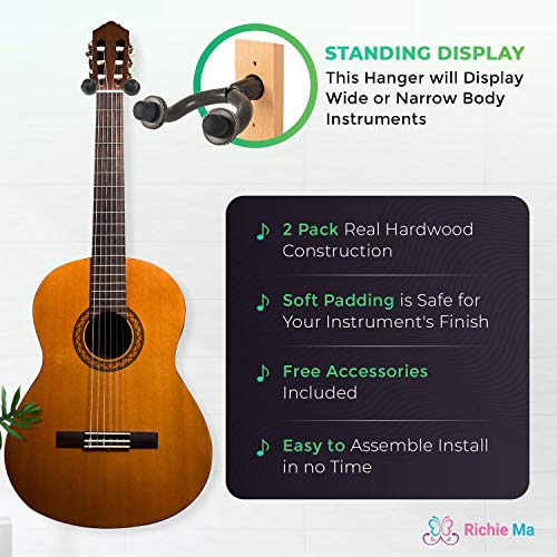 Guitar Wall Mount Hook Hanger - Music Stand Holder For Ukulele, Acoustic, Bass, Electric Guitars, Banjo, Mandolin And Violin. 2 Pack Wood Hangers With Mounting Screws Hooks And Accessories (Brown)