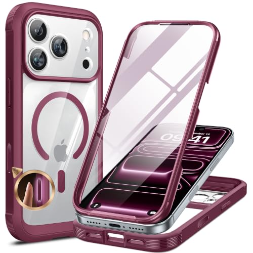 Image of Miracase Magnetic for iPhone 17 Pro Case 6.3 inch [Compatible with MagSafe] Full-Body Phone Case with Built-in Glass Screen Protector & Camera Control,Drop Proof iPhone 17 Pro Cover, Deep Magenta