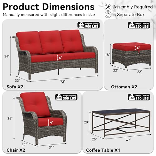 Image of 7 Piece Outdoor Wicker Patio Furniture Set, Patio Chairs Set with Thickened Olefin Cushions, High Back and Deep Seating, Hand-Woven PE Rattan, Ottoman for Porch, Deck