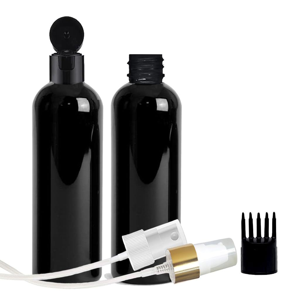 MAPPERZ 2 Cylindrical Shape Bottle Durable Refillable Containers With 1 Pump Bottles Dispenser, 1 Spray Atomizer, 1 Root Comb Applicator And Filp Top Cap Perfume, Liquids, Shampoo, Body Soap,Black-picture-13