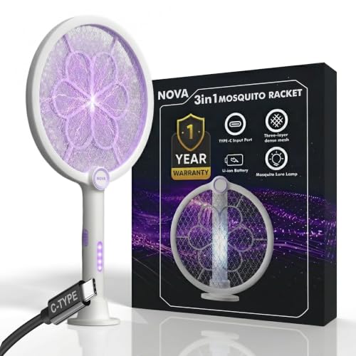 Image of Electric Mosquito Killer Racket 3-in-1 Foldable | Fly Swatter | Stand & Hang Design | Mosquito Trap & UV Light for Home | Rechargeable 1200mAh Battery | Type-C Charging| 1 Year Warranty