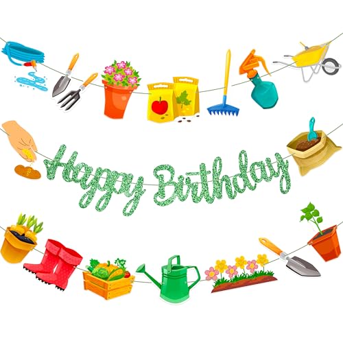 Image of 3Pcs Garden Birthday Party Banner Decorations Green Glitter Happy Birthday Banner Gardening Tool Theme Garlands for Gardening Birthday Party Hanging Decorations Spring Theme Party Supplies