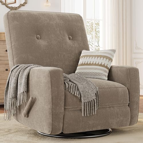 Garvee Nursery Recliner Chair, 360° Swivel Rocking Glider Chair for Adults with Adjustable Backrest & Footrest, Cozy Corduroy Upholstered Armchair fo