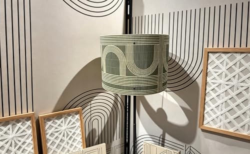 Image of Rustic Bamboo Drum lamp Shade with Decorative Geometric Green Figure,Groovy Unique ideal for living room bedroom, easy assemble, size 11.8x9Inch