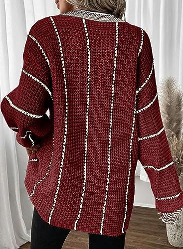 Image of Dokotoo Womens Oversized Striped Tunic Sweaters Casual V Neck Long Sleeve Color Block Knit Pullover Jumper Tops
