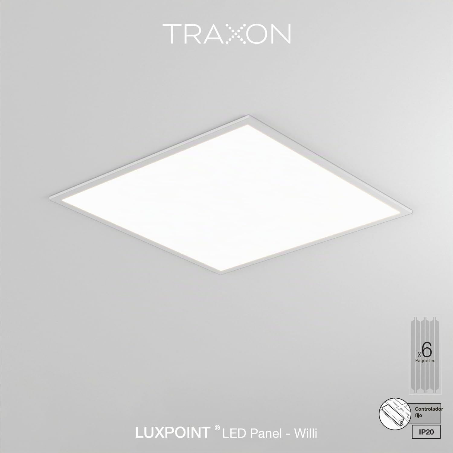 TRAXON LUXPOINT® Cajas x6 unidad Panel LED- Willi 40W 4000Lm 60x60cm Luz Fría 6500K driver integrado flicker free CRI80 IP20 techo falso *Marco No Incluido (Luz Fría 6500K 60x60 | Caja 6 unidad)