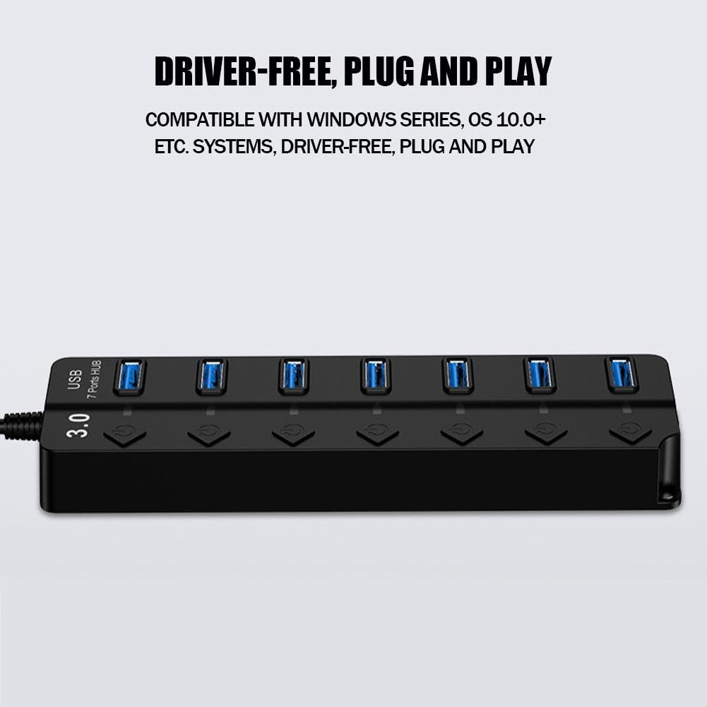 7-Port Powered USB 3.0 Data Hub with Led Individual On/Off, Multiport Adapter with 5gbp Data Ports, USB 3.0 Hub for Laptop,pc Computer,Surface Pro, Flash Drive, Mobile HDD