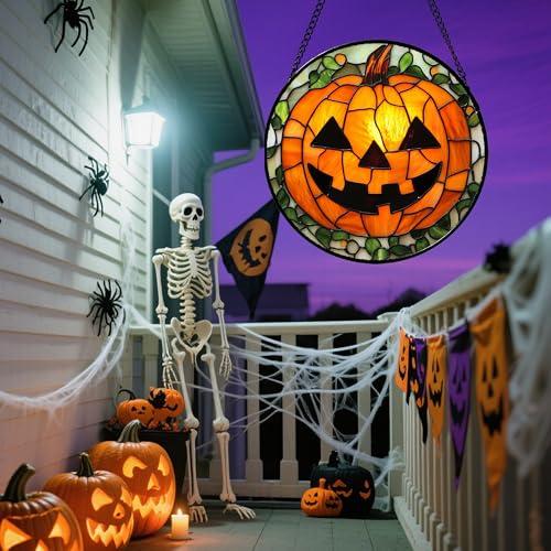 Image of Stained Glass Window Hanging, Halloween Decorations Evil Pumpkin Suncatcher for Doors Garden Indoor Spooky Funny Orange Sun Catchers Gothic Decor Horror Gifts for Women Men Friend 11.8 in