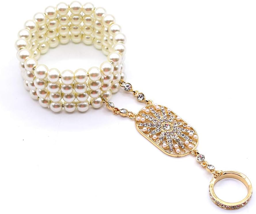 Maying 1920s The Great Gatsby Crystal Pearl Bracelet Ring Set Gold