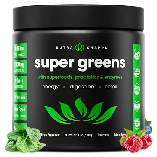 NutraChamps Super Greens Powder Premium Superfood | 20+ Organic Green Veggie Whole Foods | Wheat Grass, Spirulina, Chlorella | Antioxidant, Digestive Enzyme & Probiotic Blends (9.0 Oz, Berry)