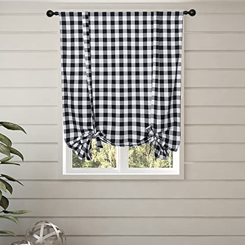 Rloncomix 2 Pcs Tie Up Shade Buffalo Check Window Curtain Farmhouse Style Rod Pocket Kitchen Curtains, Black And White, 42 X 63 Inches #TOP4