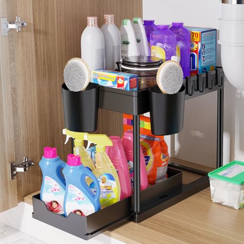 Rangement sous Evier 2 Niveaux, Coulissant Organiseur sous Évier Etagere Tiroir,Panier de rangement multifonction pour salle de bain, étagère sous placard,...