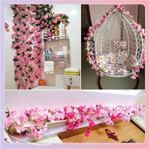 2 Stück Blumengirlande Künstlich,Kunstblumen Blumen Girlande Kirschblüten Deko Kunstblumen Fahrradkorb Artificial Flowers,Cherry Blossom Rosa Fahrrad Blumenkette Frühlingsgirlande für Hängend Outdoor