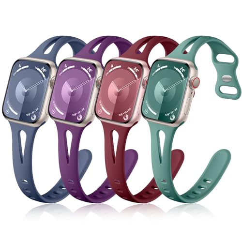 Image of Getino Band Compatible with Apple Watch 40mm 38mm 41mm 42mm iWatch SE Series 11 10 9 8 7 6 5 4 3 2 1, Stylish Soft Silicone Slim Replacement Strap for Women Men, Blue Gray /Cyprus Green /Wine Red /Purple
