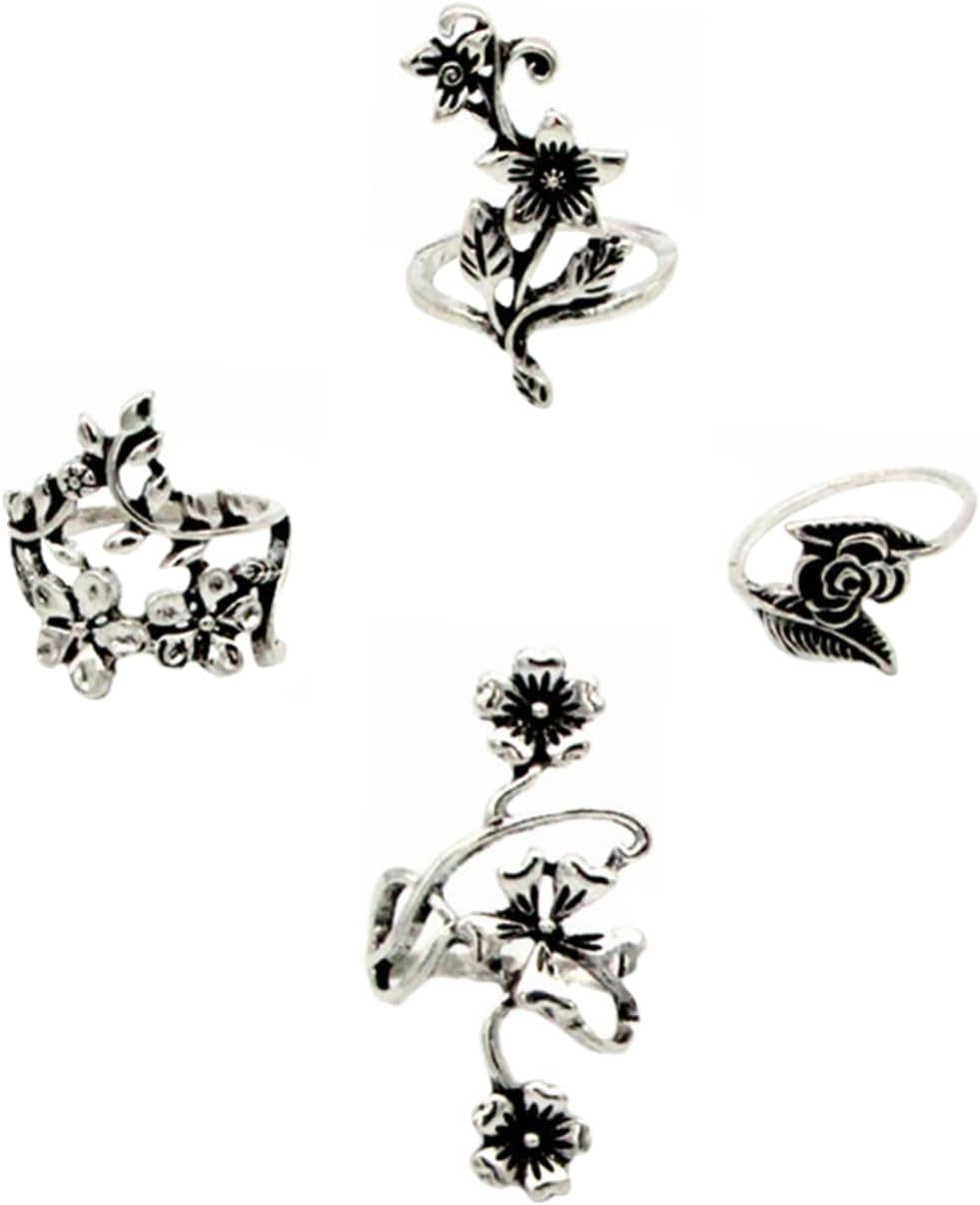 4pcs Vintage Leaf and Vine Ring Set for Women Fashionable Adjustable Knuckle Rings Unique Retro Style Finger Jewelry Antique