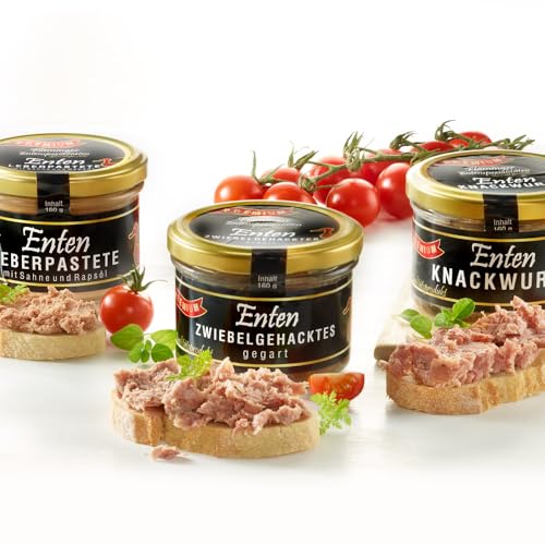 Fläminger Entenspezialitäten | 3 Spezialitäten im Glas: Enten-Leberpastete, -Knackwurst und -Zwiebelgehacktes | aus feinstem Entenfleisch | herzhaft gewürzt | 480g (3 x 160g Glas)