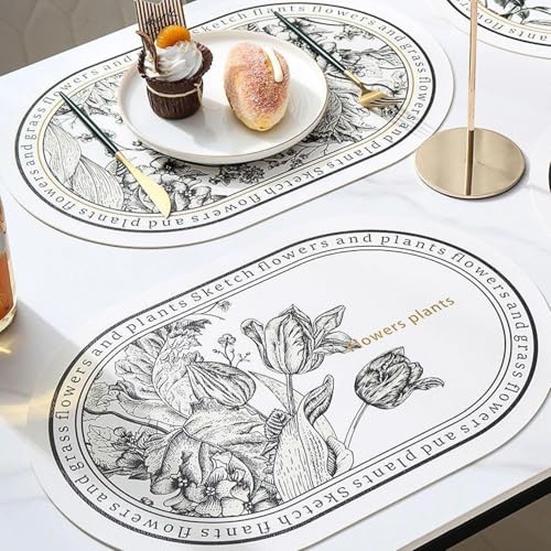 Image of Yelona White Oval Leather Placemats | Elegant Floral Design, Waterproof Stain Resistant | Easy Clean Faux Leather Table Mats (Graceful Blooms, Pack of 6)