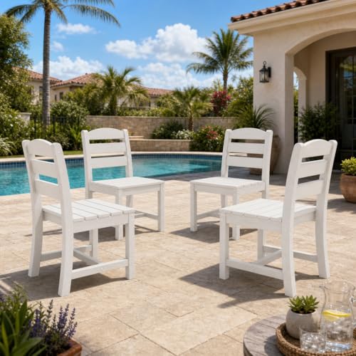 Image of SERWALL Outdoor HDPE Armless Dining Chairs Set of 4,All-Weather Use,White | Weather-resistant dining chairs resist fading and cracking, with armless design for comfortable outdoor seating.