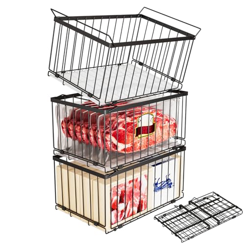 Image of Large Freezer Organizer Bins, Upgrade Quick Expand /Collapse Feature, for 5-9 Cu.Ft Deep Freezer, 3 Pack Stackable Deep Freezer Organizer Bins, Black Wire Foldable Baskets (Black 3 Pack)
