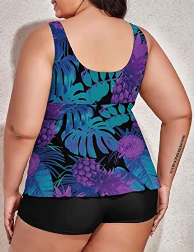 Image of Modest Tankini Swimsuits for Women Two Piece Bathing Suits Floral Print Tank Top with Boyshorts Tummy Control Swimming Suits