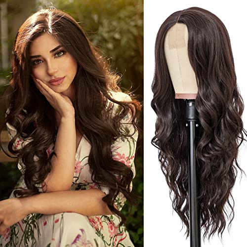 NAYOO Long Brown Wig for Women, 26 Inch Long Brown Wavy Wigs Women, Natural Looking Brown Hair Wigs, Heat Resistant Brown Synthetic Wig, Middle Part Hair Replacement Wigs for Daily Party Use(Brown)
