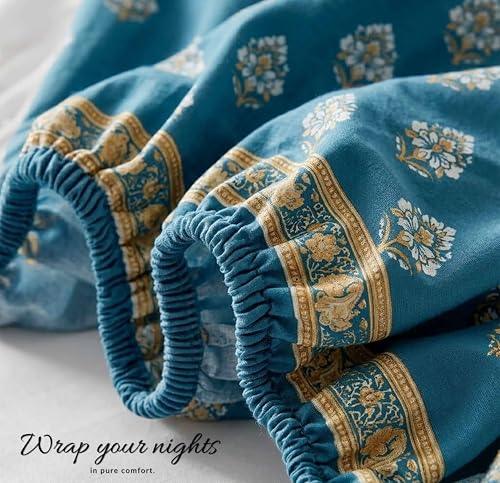 Image of VAS COLLECTIONS 180 TC Cotton Fitted Bedsheet Double Bed (72x78+8 Inches) with 2 Pillow Covers - Soft Breathable Skin Friendly Jaipuri Printed Elastic Fitted Bed Sheet, Sea Blue
