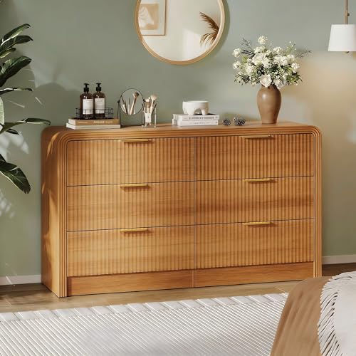 Decofy Fluted Drawers Dresser for Bedroom, Wood Dressers with Gold Handles, Modern Dressers with Wave Texture, Large Storage Chest of Drawers, Bedroom Dresser Organizer 55'' & 6 Drawers (Beechwood)