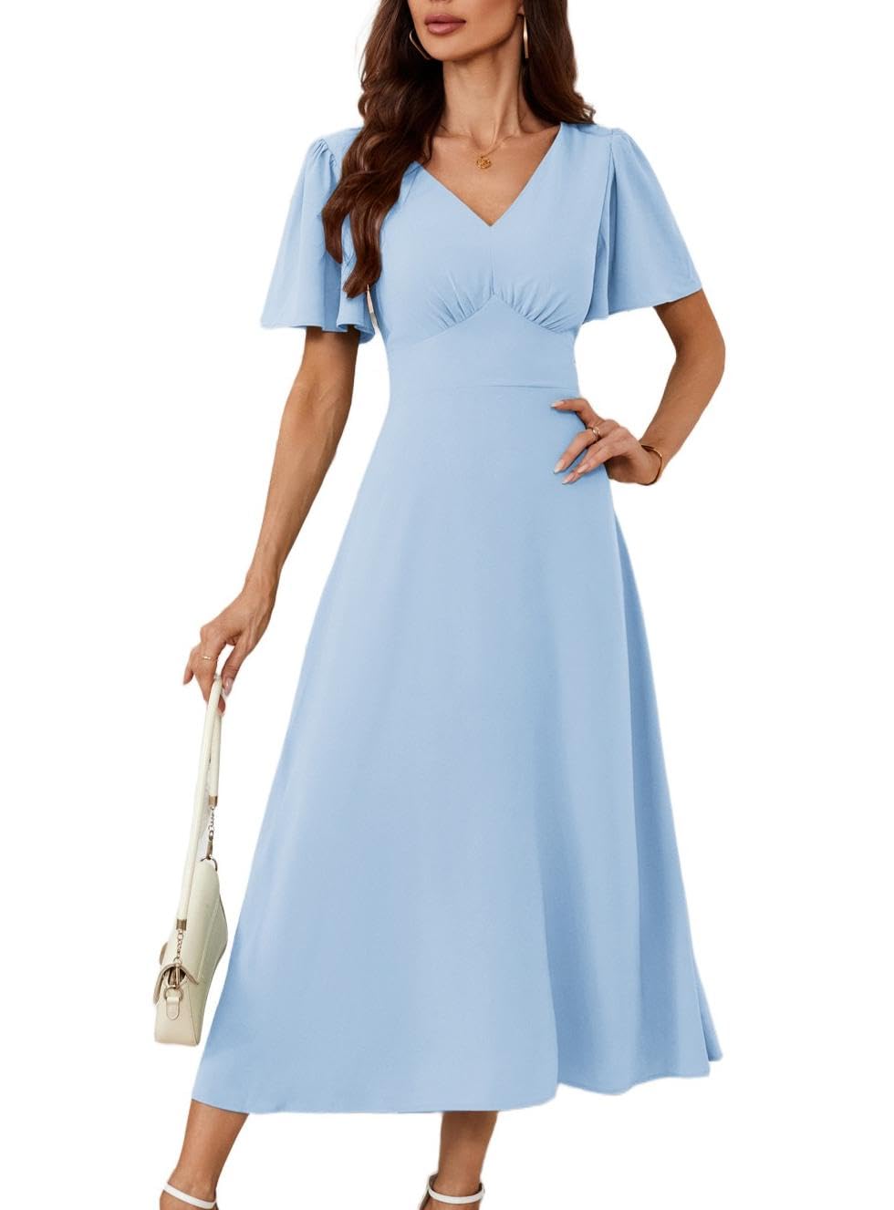 Grace Karin Frauen V-Ausschnitt Sommerkleider Elegant Rüschenärmel Wickelkleid Fließendes Strandkleid