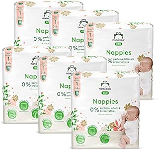 Amazon Brand - Mama Bear Eco Nappies, Size 1 (2-4kg) - 168 nappies (6 packs x 28)