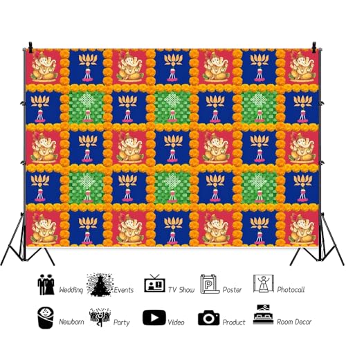 Image of Happy Diwali Backdrop Indian Traditional Mehndi Ganpati Puja Backdrop for Pooja Decor Festival Marigold Garland Lotus Floral Tulle Wedding Bridal Shower Wedding Party Decor Photo Prop Vinyl 5x3ft