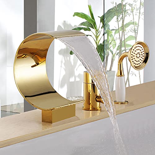 Robinet de baignoire cascade doré à grand débit et douchette 3 trous